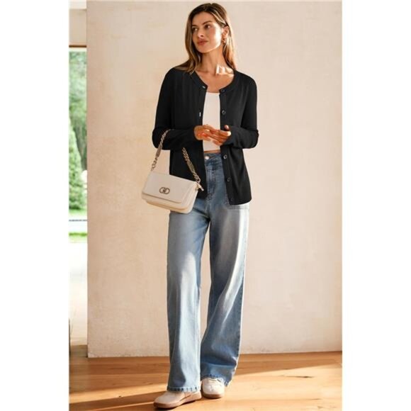 Women's Wool Blended Cardigan Sweaters Lightweight Black - Picture 6 of 6